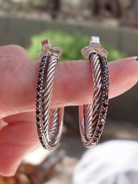 Retired - David Yurman Black Diamond Crossover Hoop Earrings - 1.25 Inches